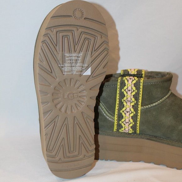 NIB UGG PLATFORM TASMAN BRAID ULTRA MINI SUEDE SHEARLING LINED BOOTS OLIVE GREEN - Picture 8 of 8